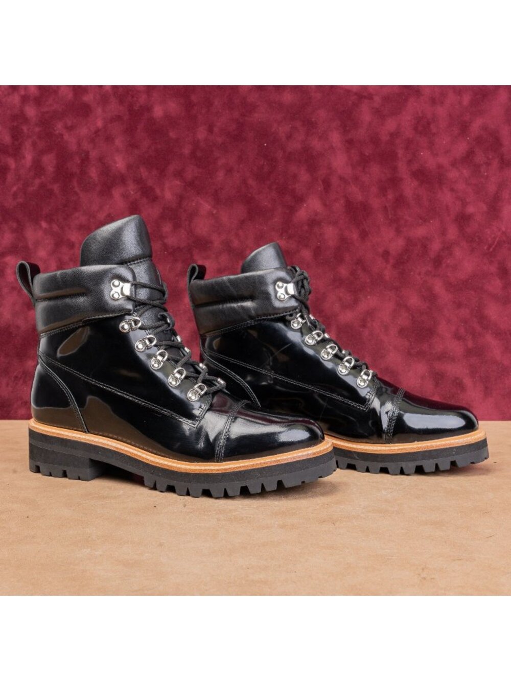 Marc Fisher Women Linka Black Lace-up Patent Leather Combat Platform Boots sz 11